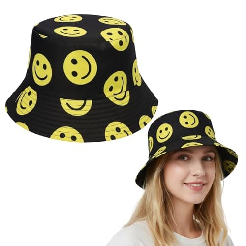 Image of Wvbzf Bucket Hat, Smiley Face Bucket Hats Men, Black Bucket Hat for Outdoor Activities, Mens Bucket Hat for Travel and Commuting, Men's Bucket Hats with Wide Brim Design