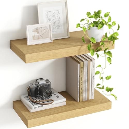 Image of Acovy Floating Shelves for Wall, Extra Deep 40cm Long Wooden Wall Mounted Shelf, Wall Shelves for Living Room Bathroom Bedroom Kitchen, Oak, Set of 2