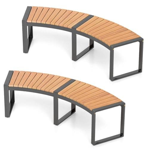 Image of RELAX4LIFE 2-Seater Garden Bench, Acacia Wood Curved Patio Dining Bench with Slatted Seat, Outdoor Backless Loveseat for Park Porch Poolside Backyard (2, Natural + Black, 146 x 58 x 45cm)