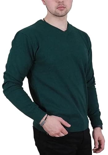 Image of Enzo Moretti Mens V-Neck Knitted Jumper 100% Cotton Branded Essential Classic Fit Forest Green