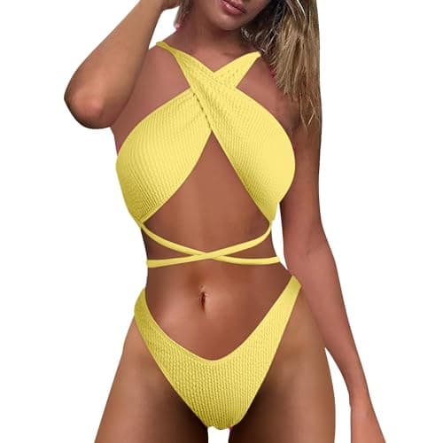 Image of Swimwear Women Bikini Set Tummy Control Swimsuit Women Color 2pack Rib Bikini Swimsuit Split Up Two Bikinis Beachwear Swimwear Beach Wear Ladies Tummy Control (Yellow,S)