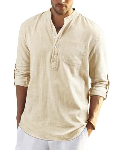 Image of Enlision Mens Beige Cotton Linen Shirts Long Sleeve Shirt Button Down Collarless Shirts Lightweight Casual Plain Tops for Men L
