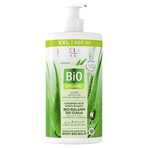 Image of Eveline Cosmetics Bio Organic Firming & Hydrating Bio Body Lotion with Aloe Vera, Coenzyme Q10, Probiotics - Vegan & Moisturizing for Soft, Smooth Skin - 650ml