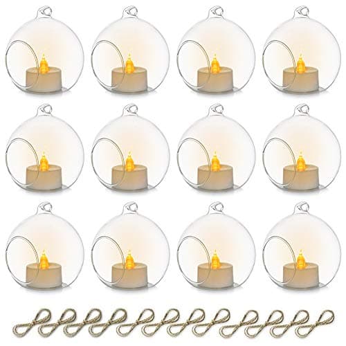 Image of Sziqiqi 8cm Hanging Glass Tealight Candle Holder with LED Candle, 12Pcs Hanging Tea Light Glass Globe Terrarium Candle Holder Ornament for Wedding Christmas Birthday Halloween Party Centerpieces Decor