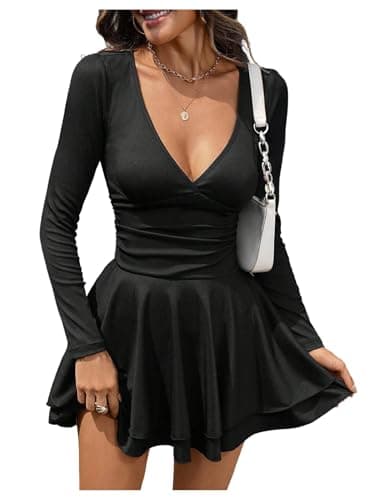Image of GORGLITTER Women's Deep V Neck Tiered Ruffle Mini Dresses Long Sleeve Ruched A Line Swing Sexy Clubwear Dress Black Small