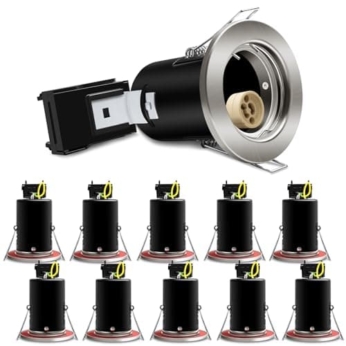Image of ALUSSO Fire Rated GU10 Can Downlights, LED Recessed Ceiling IP20 Spotlights 90 Minute Fire Resistant, Ф65-70mm Cutout 230V Terminal Block Quick Screwless, Bulbs Not Included, Brushed Chrome - 10 Pack