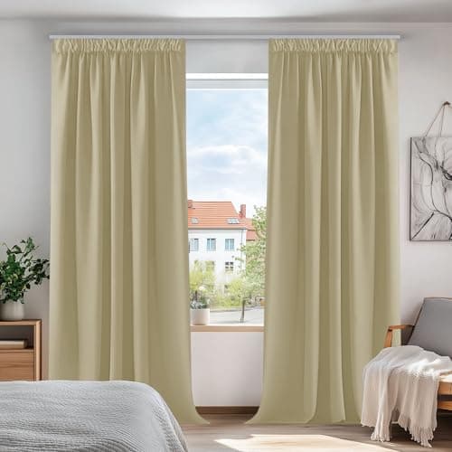 Image of Deconovo Solid Super Soft Thermal Insulated Pencil Pleat Room Darkening Curtains for Nursery 66 x 90 Beige 2 Panels