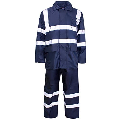 Image of MyShoeStore Unisex Hi Vis Rainsuit Two-Piece Waterproof Set with Hooded Jacket and Elasticated Trousers, Navy Blue/Hi Viz, L