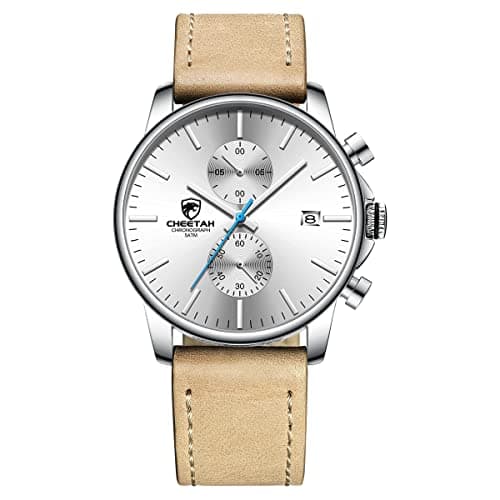 Image of GOLDEN HOUR Mens Watch Fashion Sleek Minimalist Quartz Analog Mesh Stainless Steel Waterproof Chronograph Watches for Men with Auto Date, leather silver white, Chronograph