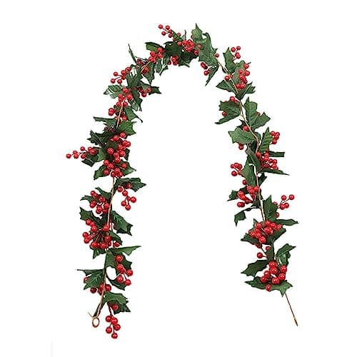 Image of Durdiiy 1.8 m/5.9 FT Christmas Garland Decorations Fake Ivy Garland Artificial Foliage Fake Leaves with red berries Green Leaves Garland Hanging Plant for Wall Wedding Arch Party Garden Table