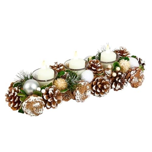 Image of Christmas Table Centrepiece Candle Holder Frosted Pine Cone Glass Tea Light Holder with Silver Bauble Decorations & Artificial Foliage Dining Décor (Triple)