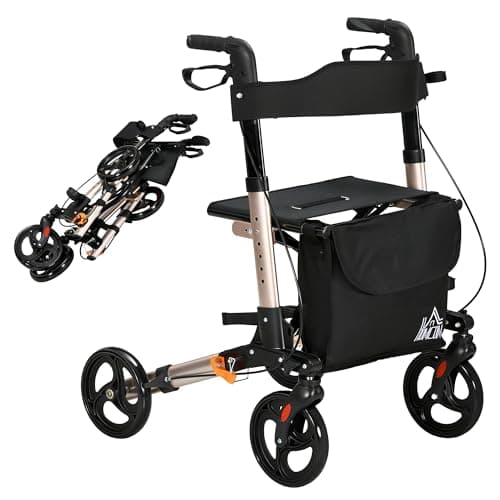 Image of HOMCOM Rollator Walker with Seat, Compact Quick Folding Mobility Walker with 8" Wheels, Carry Bag, Adjustable Height, Cane Holder and Lightweight Aluminium Frame for Seniors and Disabled, Gold Tone