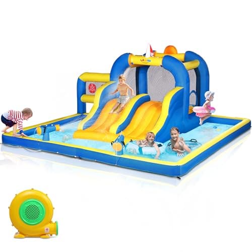 Image of LALAHO Inflatable Bouncy Castle with Dual Slides, Bounce House W/Basketball Rim, Jumping Area, Splash Pool & Ball Target for Indoor & Outdoor Includes 450W Blower, 470x472x225cm