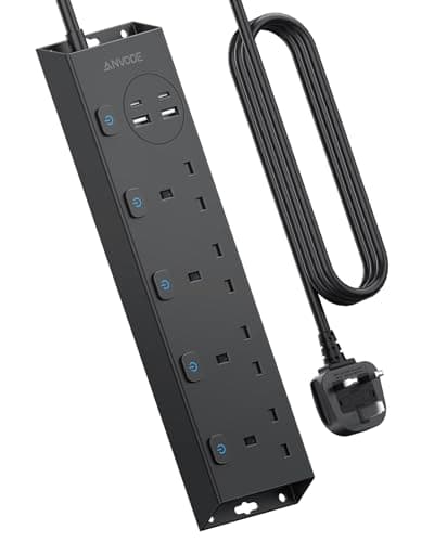 Image of 4 Way Extension Lead with USB (2 USB C), ANVODE Plug Extension Socket with Individual Switches, Multi Plug Power Strip for Home Office Dorm, 2M Extension Cable, Black