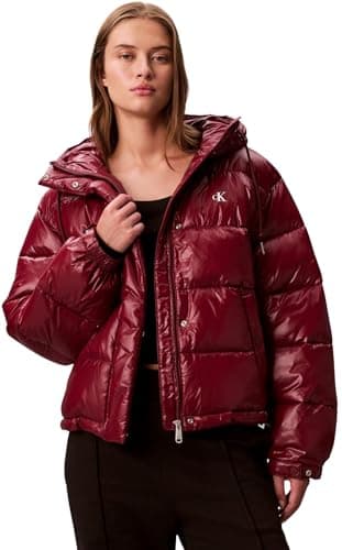 Image of Calvin Klein Women’s Shine Puffer Jacket with Hood, Red (Tawny Port), L