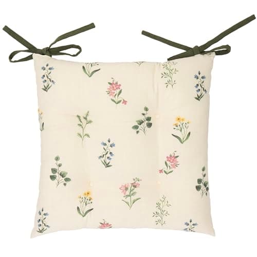 Image of furn. Wylder Olivia Seat Pads – Pack of 2 – Rustic Floral Natural Linen Look Slub Cotton Tie Chair Cushions (Green – 40x40cm)