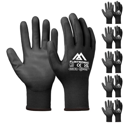 Image of Flintronic 6-Pair Non-Slip PU-Coated Scratchproof Work Gloves, Firm Grip for General Duty and Gardening (L - Size 9, Black)