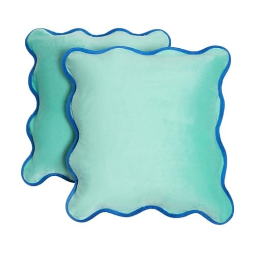 Image of OHS Scallop Edge Cushion Covers 45 x 45 Set of 2, Gifts for Women Super Soft Decorative Matte Velvet Cushion Covers with Invisible Zipper Throw Pillow for Sofa Bed Living Room, Teal/Blue