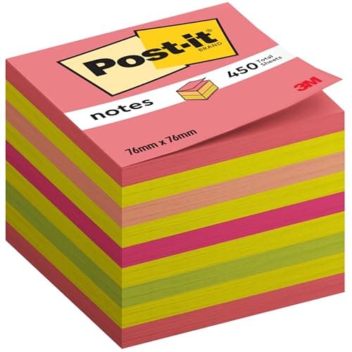 Image of Post-it Sticky Notes Cube Neon Collection, Pack of 1 Pad, of 450 Sheets, 76 mm x 76 mm, Pink, Yellow, Orange, Green Colors - Self-Stick Notes for Note Taking, to Do Lists & Reminders