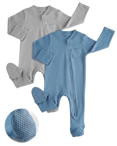 Image of JiAmy Baby Grows Sleepsuits 2 Pack, Tiny Baby 100% Cotton Two-Way Zip Long Sleeve Footed Pajamas with Mitten Cuffs Blue Grey 3-6 Months