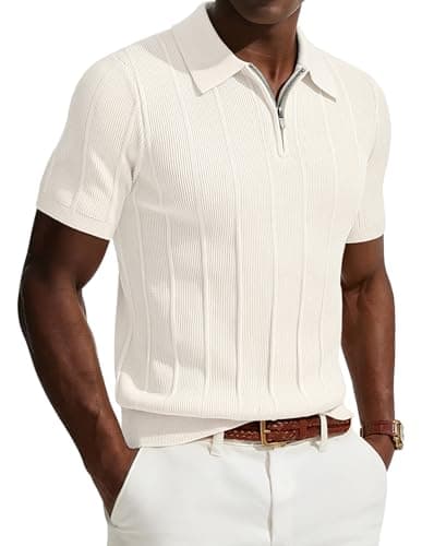 Image of PJ PAUL JONES Men's Polo Shirts 1/4 Zip Short Sleeve Knitted Polo Shirt Summer T Shirts Ivory White XL