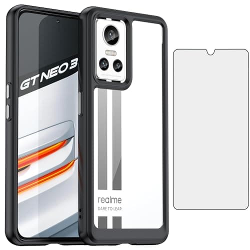 Image of Asuwish Phone Case for Oppo Realme GT Neo 3 5G with Tempered Glass Screen Protector Cover and Cell Accessories Slim Silicone Rubber Soft TPU Protective Mobile Neo3 G5 Women Men Clear Black
