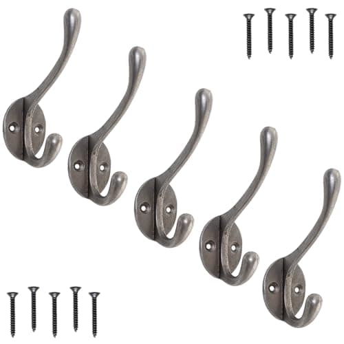 Image of EDUWURXS Heavy-Duty Cast Iron Coat Hooks Pack of 5 Wall-Mounted Hooks for Hanging Clothes Towels Coats, Rustic Vintage Design in Antique Iron Finish for Hallways, Bedrooms, Bathrooms, and Entryways