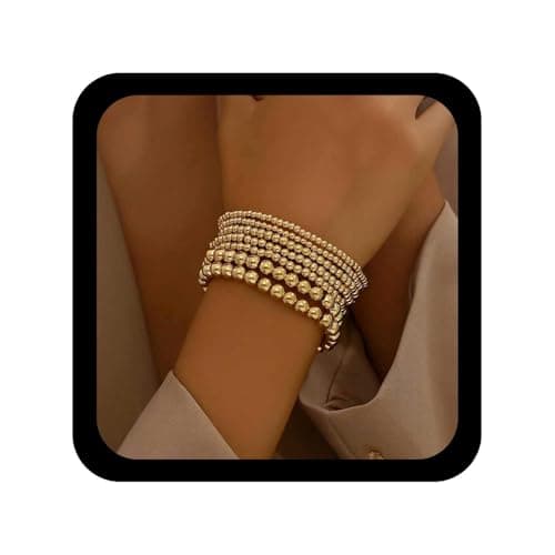 Image of Cybche Vintage Gold Strand Stretch Bead Bracelet Layered Beaded Bracelets Elastic Round Ball Bracelet Minimalist Gold Beaded Bracelets Beads Hand Chain 7PCS Jewelry for Women