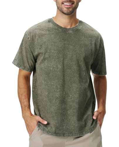 Image of Danfiki Mens Oversized Tshirts Vintage Washed Loose Fit Tees Short Sleeves Streetwear Army Green