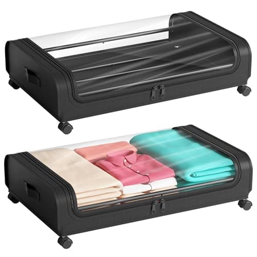 Image of 2 Pack Under Bed Storage with Wheels Lid 48L Rolling Metal Frame Underbed Containers Clear Window Storage Bag Box Organization Home Bedroom Organizer Drawer Bin for Clothes Shoes Toys Blankets Black