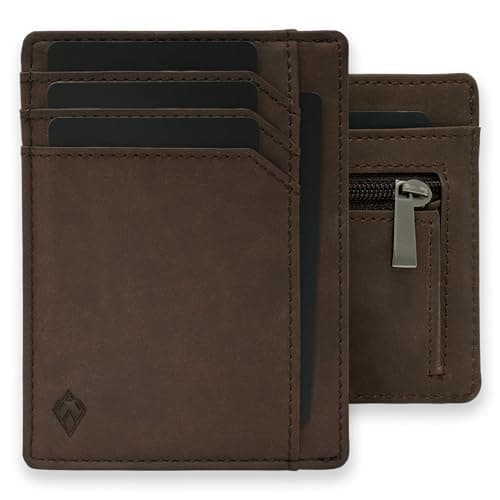 Image of AKIELO RFID Card Holder Wallet with Zip Coin Pocket and Gift Box – Ultra Slim Leather Credit Card Holder for Men – Small Minimalist Blocking Card Wallet (Bravo - Dark Mocha Zip Edition)