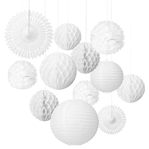 Image of LIHAO 12PCS Paper Lanterns Decorations Honeycomb Balls Hanging Paper Fans Set Different Sized for Wedding Party Indoor Outdoor Decorations - White