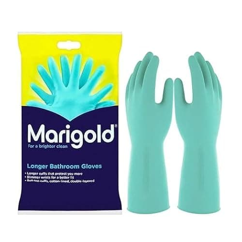 Image of Marigold Bathroom Gloves Large - Double Layered Longer Waterproof Cuffs With Comfortable Cotton Lining Cleaning Gloves Pair for Toilet, Bathroom, Bathtub Sink, Shower, Washing Windows