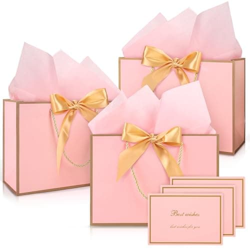 Image of Vivantia Medium Gift Bags Set 3 Pack Pink Paper Gift Bag with Gold Edge Greeting Cards Ribbons Tissue Papers Present Bags with Handles for Gift Wrapping Birthday Wedding Baby Shower