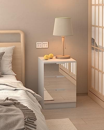 Image of Kingwudo® Wooden Bedside Table with Mirrored Drawers 3 Drawers Bedside Tables Nightstand Storage Unit Drawers Chest for Bedroom Furniture, White and Mirrored