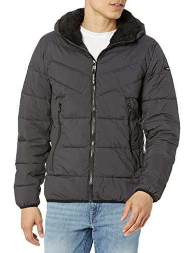 Image of Calvin Klein Men's Heavyweight Short Puffer Jacket, Hooded Stretch Iron, M