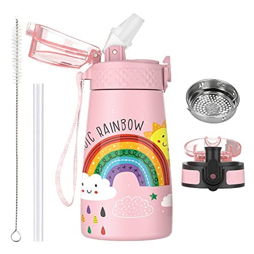 Image of OLDLEY 350ml/12oz Kids Stainless Steel Water Bottle with Straw for School with 2 Different Lid Metal Vacuum Insulated Water Bottles Small Flask for Boys Girls Toddler Children Hot Cold Drinks BPA Free