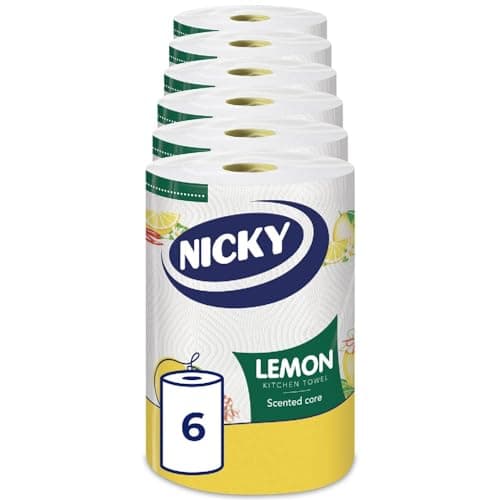 Image of Nicky Lemon Kitchen Towel - Pack of 6 Rolls, 150 2-Ply Sheets per Roll, Absorbent, Easy Opening, Lemon Scented Core, Unique Embossing, Decorated Sheets, 100% FSC Certified Paper