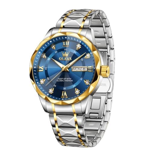 Image of OLEVS Men's Business Watch Gold Blue with Large Easy-Read Analog Quartz Date Display Luxury Stainless Steel Band Waterproof Luminous Hands