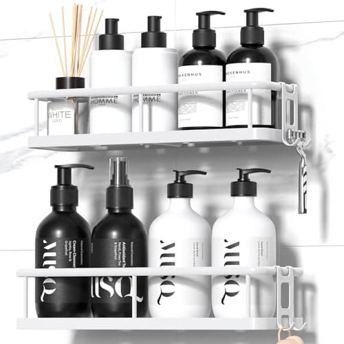 Image of YASONIC Shower Caddy Adhesive, Rustproof Shower Shelves for Inside Shower, Large Capacity Bathroom Organizers and Storage, Shower Storage with Removable Hooks, No Drill Bathroom Accessories White