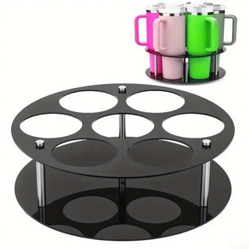 Image of 7-Slot Acrylic Tumbler Holder with Rotating Base for For branded Cups 14 oz 20 oz 30 oz 40 oz with Handles Storage Rack (black)