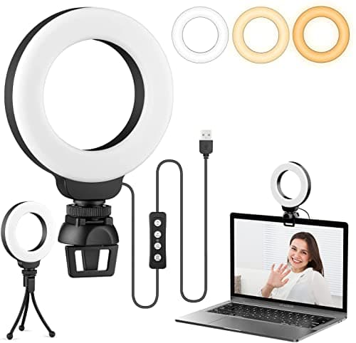 Image of Video Conference Lighting Kit, Dveda Ring Light for Laptop Phone with Clip and Tripod, Desktop PC 4" Selfie Dimmable Light with Stand Ring Light for Live Streaming, Video Recording, Makeup