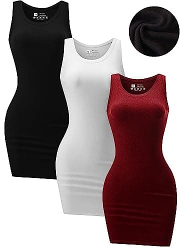 Image of Chongbaijia 3 Pack Summer Dresses for Women 2026 Ribbed Crewneck Tank Top Dress Sleeveless Sundress Basic Bodycon Mini Dress, Black/White/Red, M