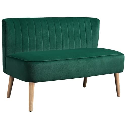 Image of HOMCOM 117cm Loveseat Sofa, Linen Fabric Upholstered 2 Seater Small Sofa with Thick Padded Seat and Rubber Wood Legs for Living Room, Home Office, Dark Green