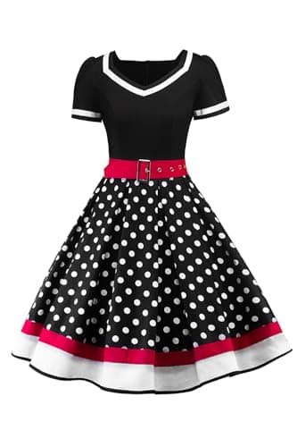 Image of AXOE Women's 50s Style Vintage Rockabilly Dress A-Line Cotton Belted Wedding Guest & Prom Dress Party Wear Black with White Polka Dots, UK Size 16, XL