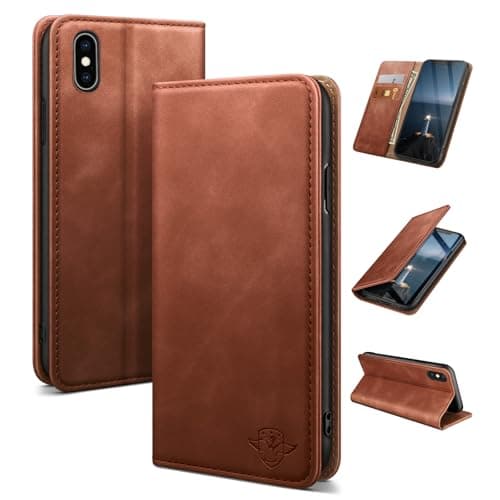 Image of SUANDUCK for iPhone XS Max 6.5" mobile phone case magnetic leather flip case with RFID-blocking card compartment, adjustable stand and 360° drop protection with Apple XS Max Brown