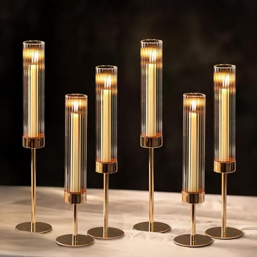 Image of NUPTIO Hurricane Candle holder for Centerpiece: Set of 6 Tall Candle Stick Holder with Ribbed Glass Cover - Bulk Metal Taper Candle Holders for Living Room Wedding Birthday Decor
