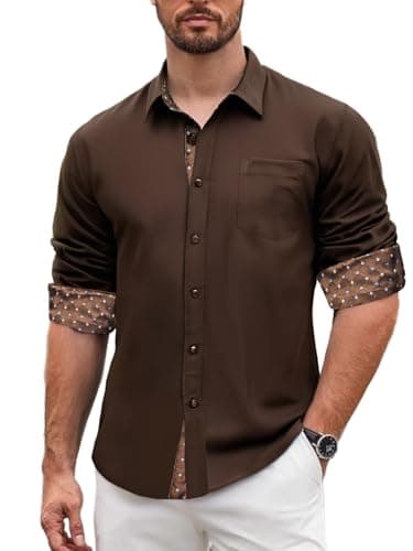 Image of Barry.Wang Mens Dress Shirts Long Sleeve Button Down Business Formal Shirt Collar Cuff Contrast Casual Light Brown Plaid Shir