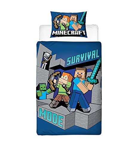 Image of Minecraft Survive Single Duvet Cover Officially Licensed | Reversible 2 Sided Survive Design with Matching Pillowcase, Polycotton, Blue (Single)