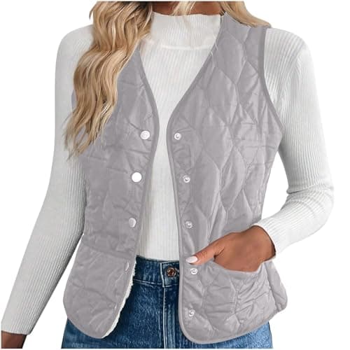 Image of NSICBMNO Gray Gilet For Women Uk Quilted Body Warmer Sherpa Fleece Gilet Padded Waistcoat Down Vest Thermal Body Warmer Ladies Button Up Quilted Jacket Sleeveless Puffer Jackets Winter Jackets L